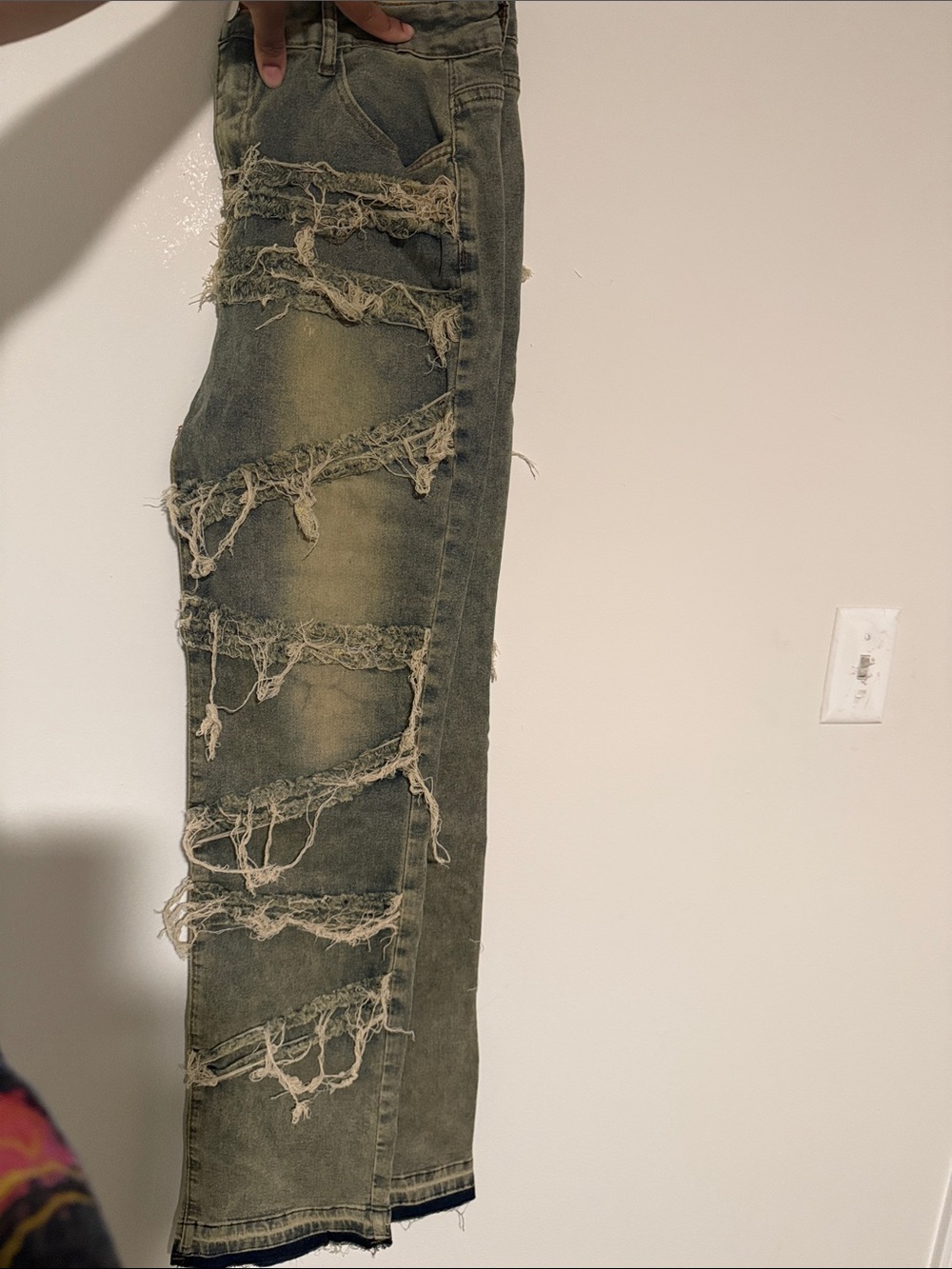Distressed Olive Green Denim Jeans - Frayed Rips